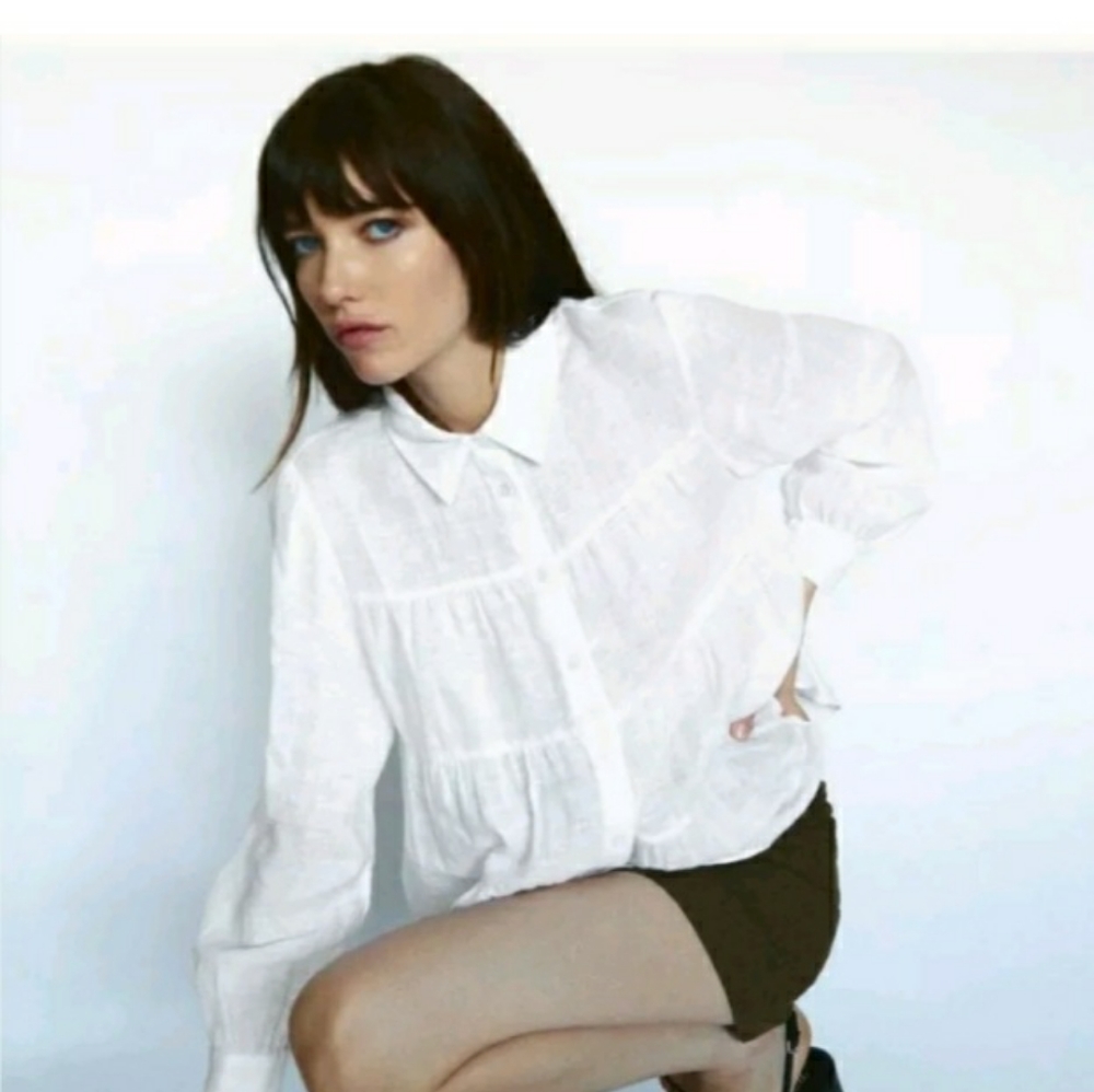 Zara White Linen Top Shirt Button Down XS